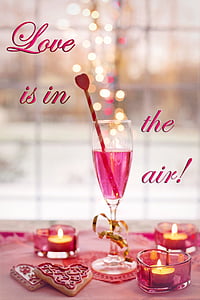den svatého Valentýna, šampaňské, bubliny, růžová, srdce, přípitek, Láska