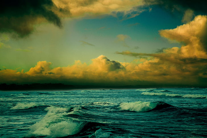 fale, pochmurno, niebo, Ocean, morze, wody, niebo