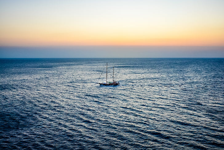 sončni zahod, ladja, čoln, samotni, morje, Ocean, nebo