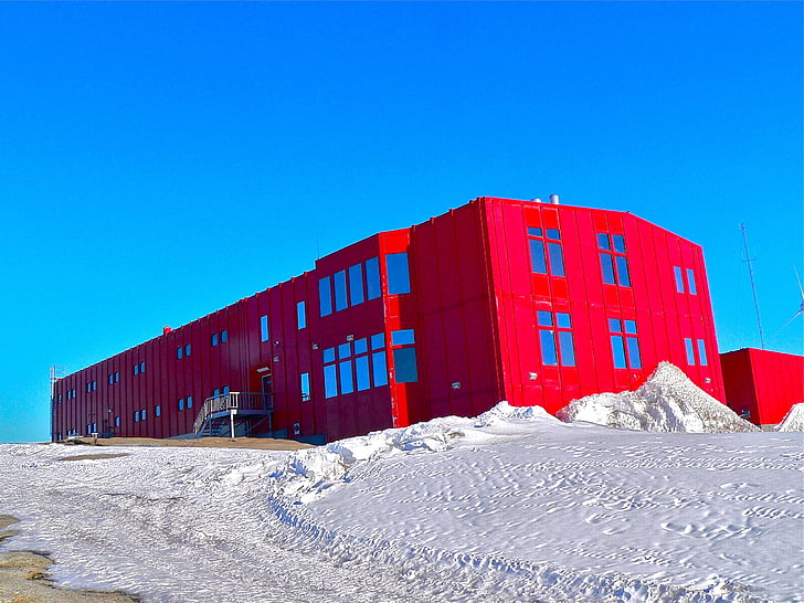 estació d'investigació, vermell, edifici, arquitectura, fred, gel, l'Antàrtida