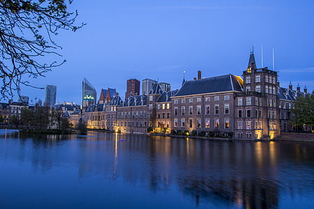 La Haye, Centre, Cour intérieure, soirée, eau, Skyline, Twilight