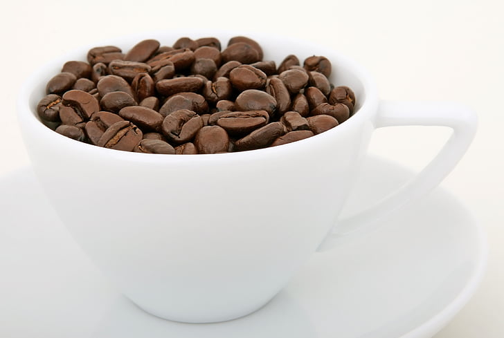 Kofeinas, detalus vaizdas, kavos, kavos pupelės, puodelis, puodelis, pupelių