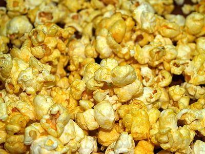 Popcorn, maïs, pop, vak, emmer, bioscoop, tas