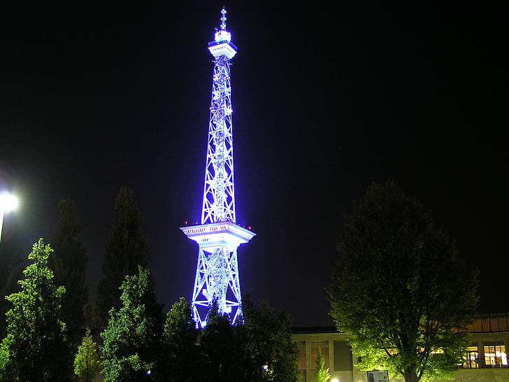 radio tower, berlin, night, tower, illuminated, blue, architecture