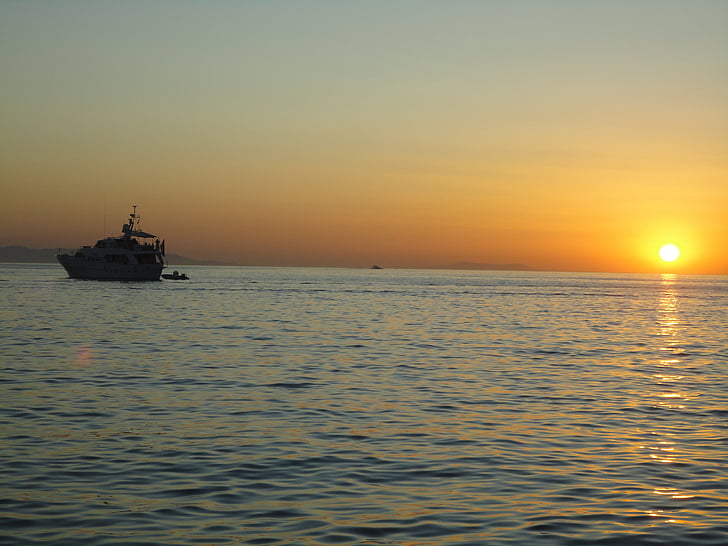 boat, sunset, mikonos, greece, ocean