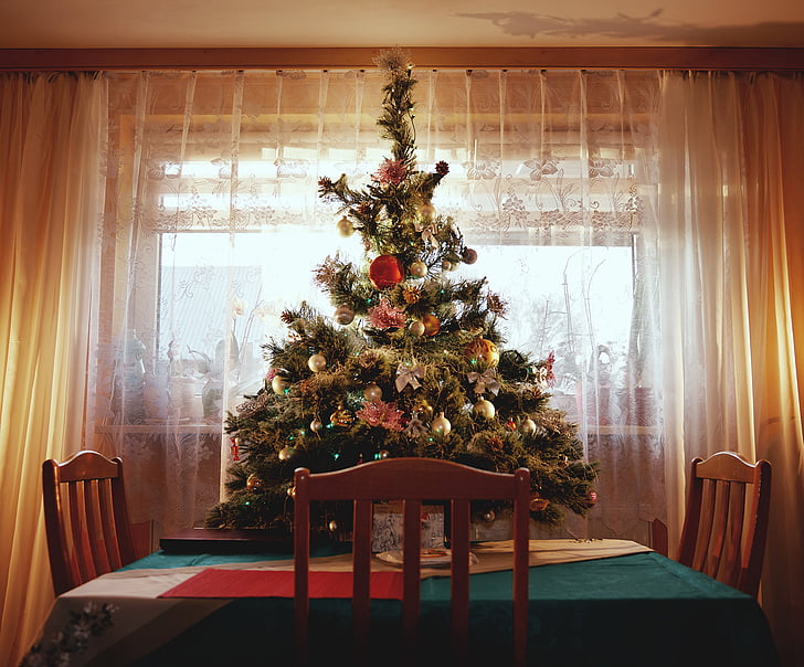 architecture, chaise, Christmas, contemporain, Rideau, décoration, famille