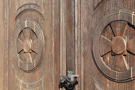 문, 나무로 되는 문, 십자가, 핸들, 교회, 입구, 교회 문