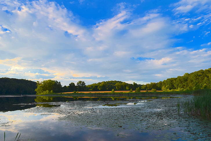 sky, lake, blue, landscape, water, nature, reflection