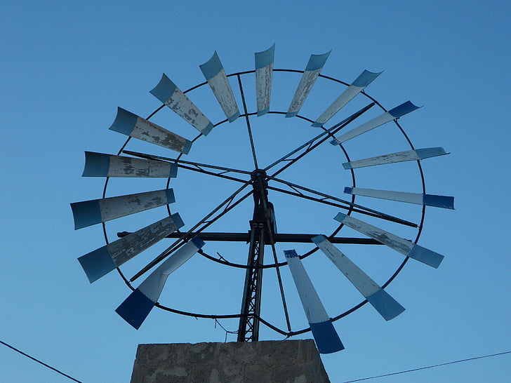 Pinwheel, windenergie, Mallorca, metaal, Wind, energie, blauw