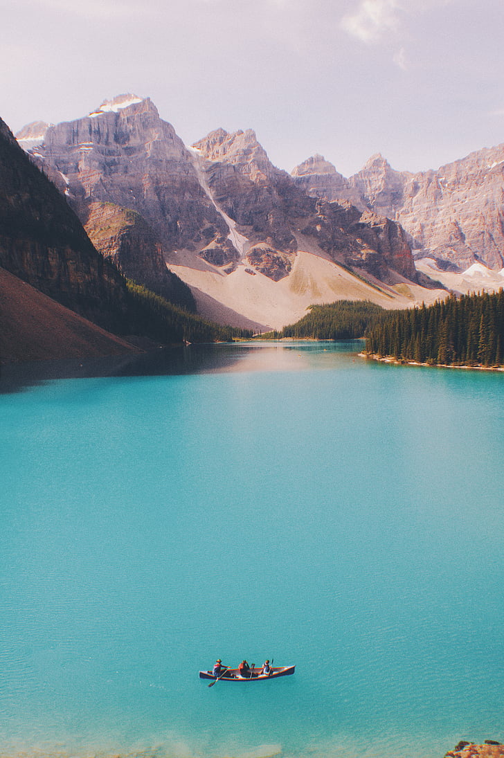 calm, canoe, idyllic, lake, majestic, mountains, nature