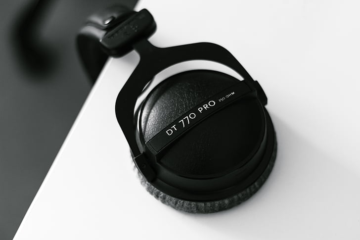 black, headphones, black and white, headset, music, single object, black color