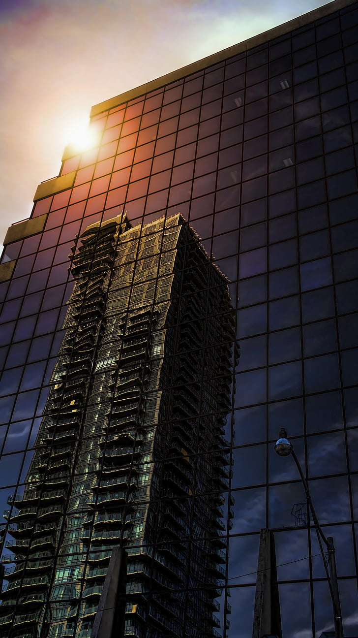 skyscraper, architecture, reflexion, toronto, sunset, downtown, building