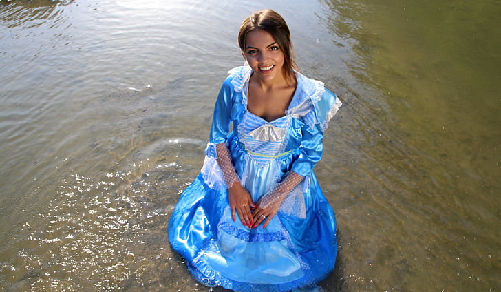 Момиче, принцеса, езеро, вода, рокля, синьо, красота