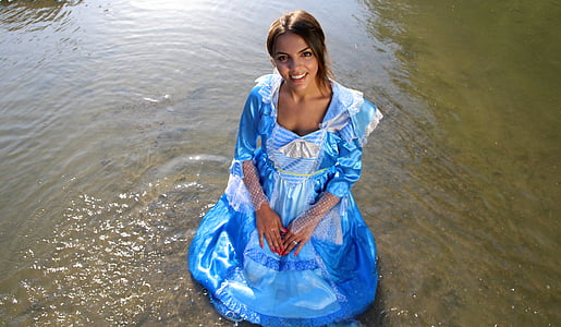 girl, princess, lake, water, dress, blue, beauty