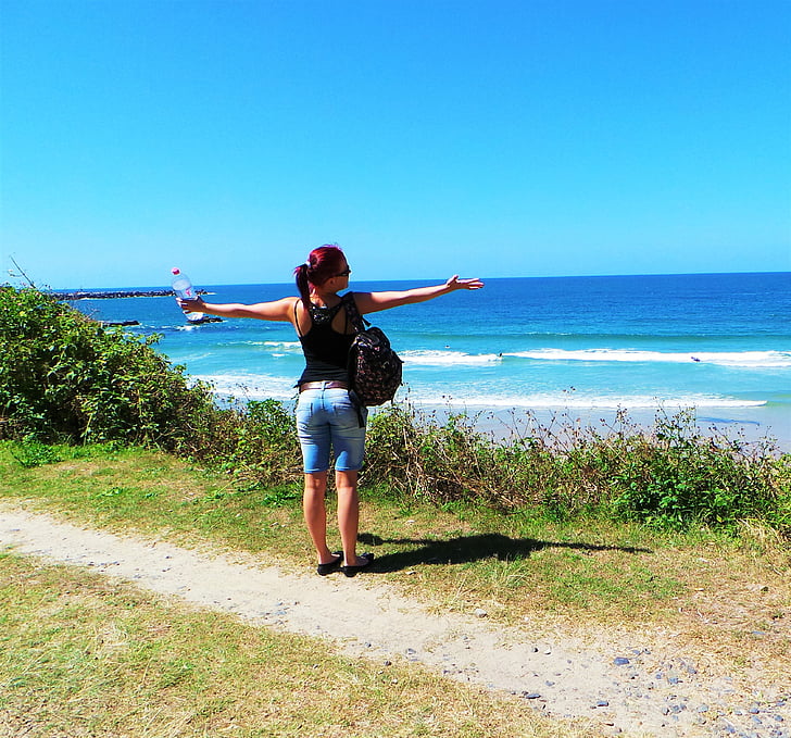 pludmale, saules, ārpus telpām, meitene, krasta, krasts, Austrālija