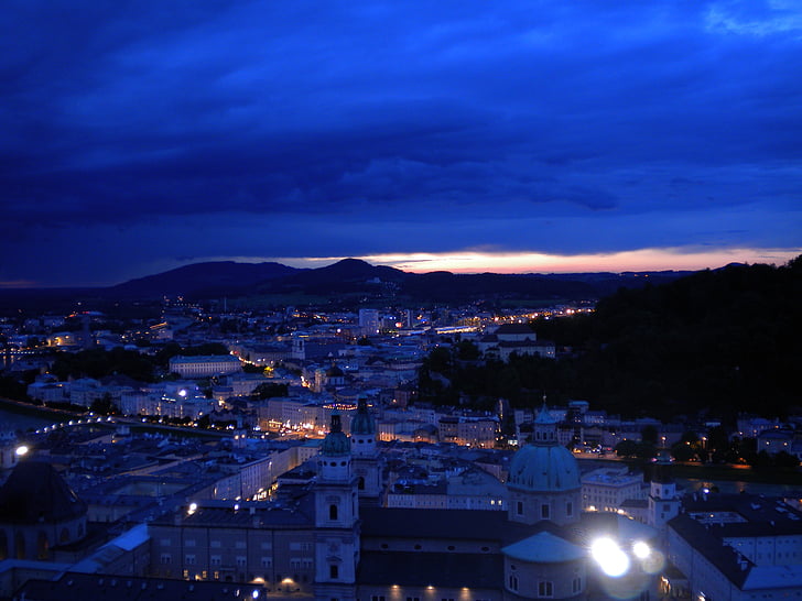 Salzburg, noční, Rakousko, pevnost Hohensalzburg, pohled, Západ slunce