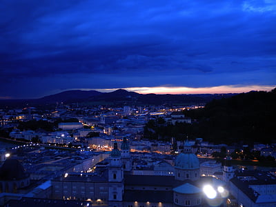 Salzburg, natt, Österrike, Hohensalzburg fästning, Visa, solnedgång