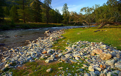แม่น้ำ, ตอนเย็น, หินบนชายฝั่ง, เขาอัลไต, ภูมิทัศน์, ภูเขา, ธรรมชาติ