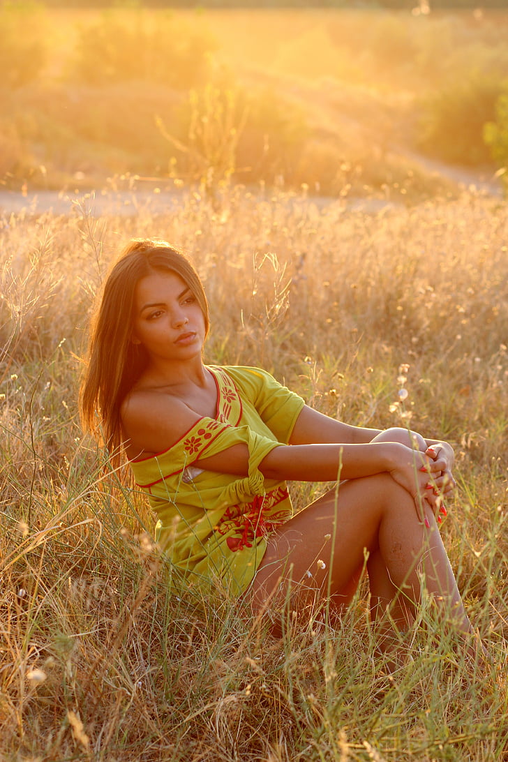 girl, grass, sunset, light, nature, in the evening, bfe