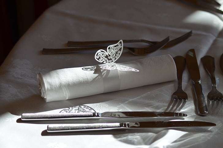 taula, casament de taula, coberts, casament, esdeveniment, ganivets, forquilla