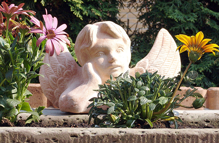 ange, Putten, jardin, Figure, fleur