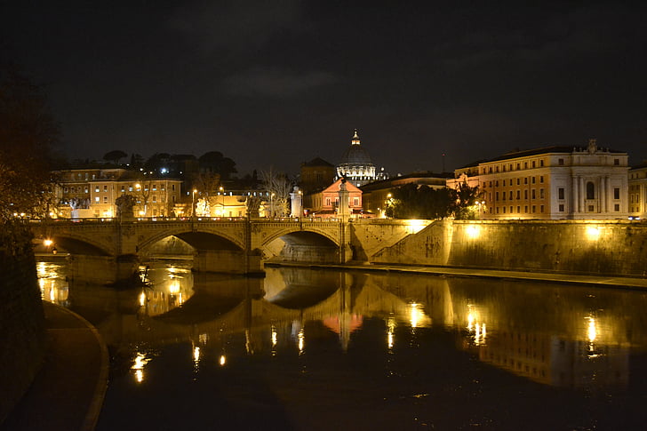 Roma, tiltas, Italija, naktį