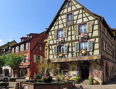 Alsace, byn, hus, dubbar, timrat hus, gamla hus, fasad