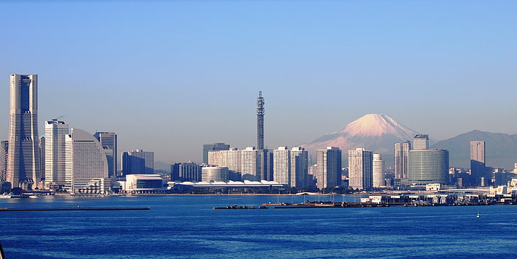 mt fuji, Yokohama, a bay bridge, téli, Landmark tower, nagy sebességű road, Kanagawa, Japán