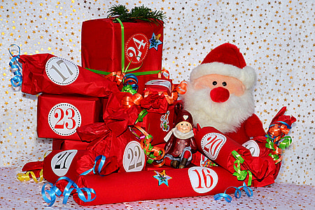 kedatangan, Kalender Adven, hadiah, merah, Santa claus