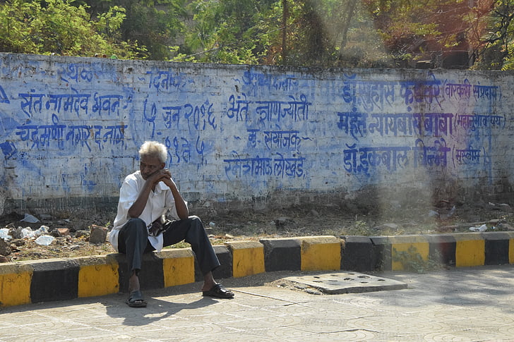 India, man, weg, reclame, man, oude man, menselijke