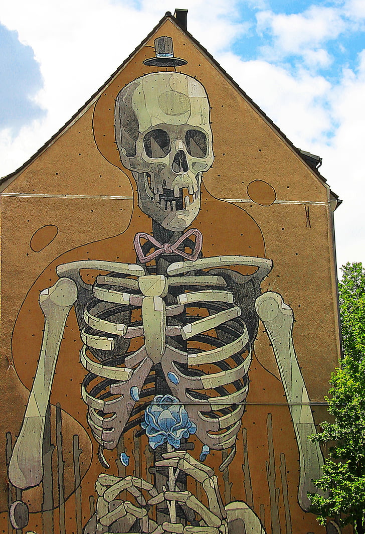 graffiti, hauswand, skeleton, skelet, art, sprayer, wall painting