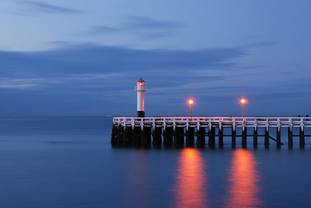 sea, lighthouse, water, nieuwpoort, slow shutter speed, view, pier
