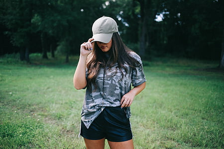 woman, wearing, gray, cap, woodland, camoflauge, shirt