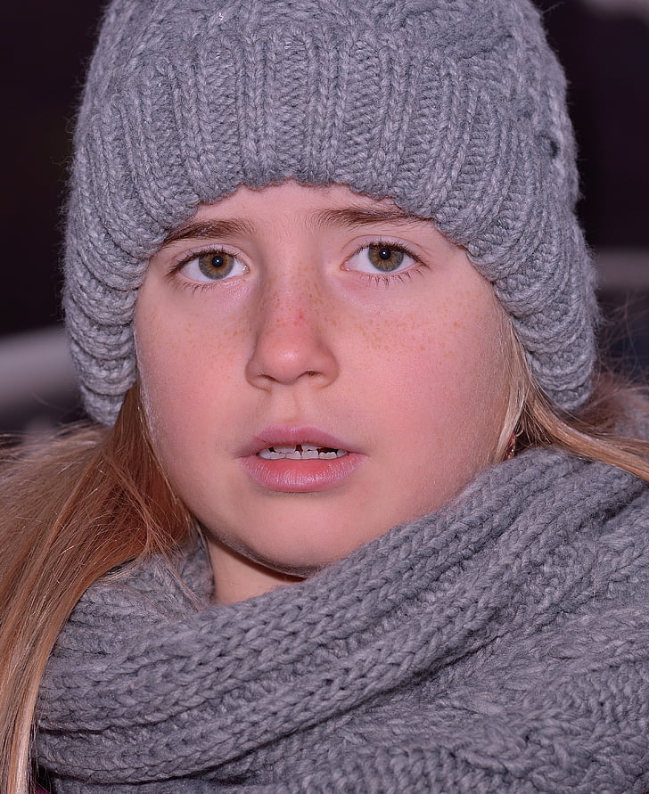 girl, child, face, cap, scarf, cold, winter
