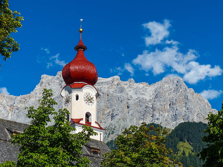 a HL plébániatemplom, Catherine, templom, Ehrwald, Zugspitze, hegyek, csúcstalálkozó
