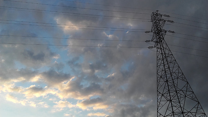 núvols, cel, Torre, actual, alta tensió, electricitat, elèctric