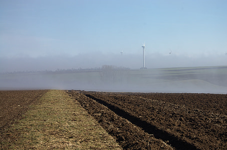 поле, орни, въртележка, мъгла, природата, пейзаж, вятърната енергия