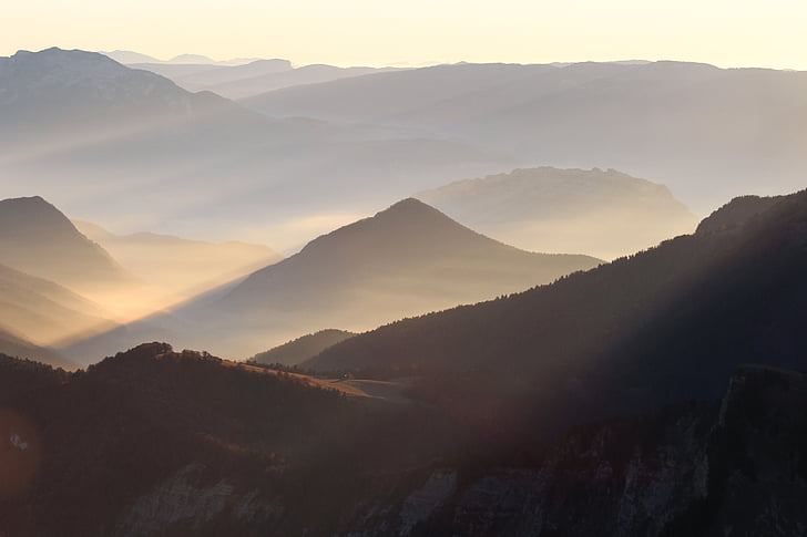 denní světlo, mlha, Les, Hills, krajina, světlo, hory