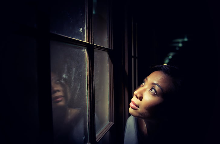 Fotoğraf, kadın, yakın:, pencere, karşı karşıya, Dışarıda, yüz