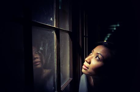 photo, woman, near, window, facing, outside, face