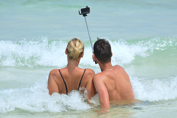 selfie, people, man, woman, selfiestick, ocean, sea