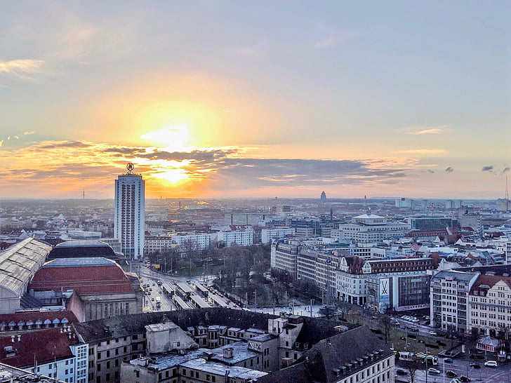 Leipzig, pilsēta, Vācija, saullēkts, saule, siluets, programma Outlook