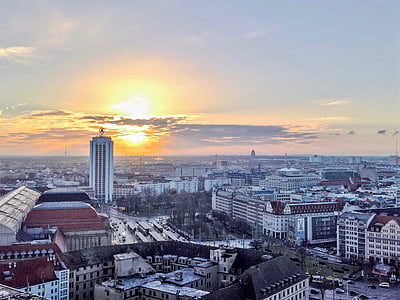Leipzig, mesto, Nemecko, Sunrise, slnko, Skyline, Outlook