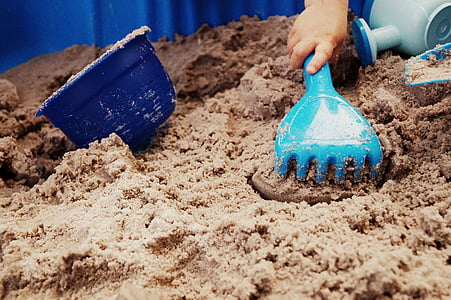toys, sand pit, sand, harken, plastic, child, child's hand