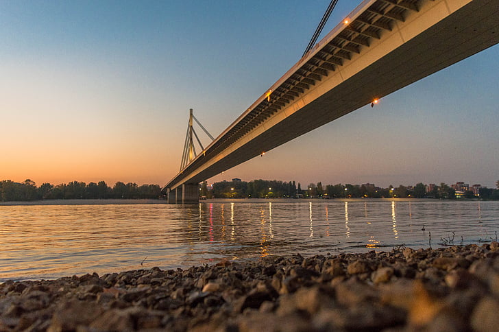 Novi sad, Serbia, Europa, fiume, Danubio, Ponte della libertà, tramonto