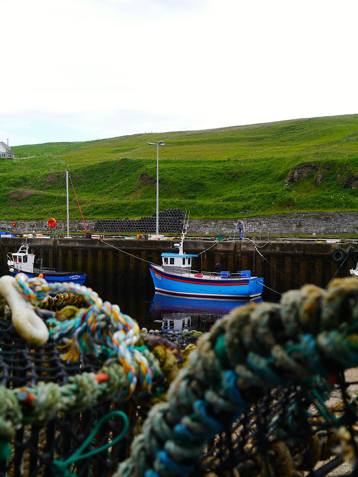 Puerto, arranque, azul, Escocia, barco en el puerto, mar, barco de pesca