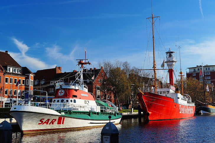 Porto, Emden, cidade, salva-vidas, navio de fogo, idílico, museumskreuzer