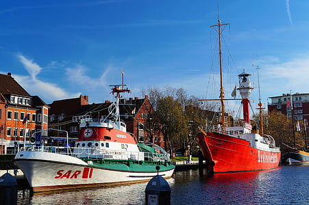 hamn, Emden, staden, livbåt, brand fartyget, idylliska, museumskreuzer