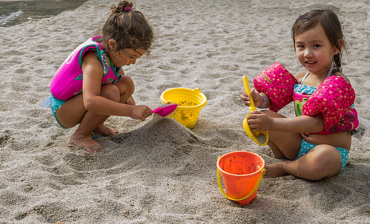 niños, Playa, jugando, arena, personas, persona, niño