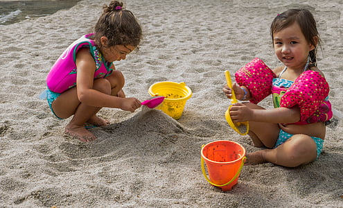 enfants, plage, jouer, sable, gens, personne, enfant